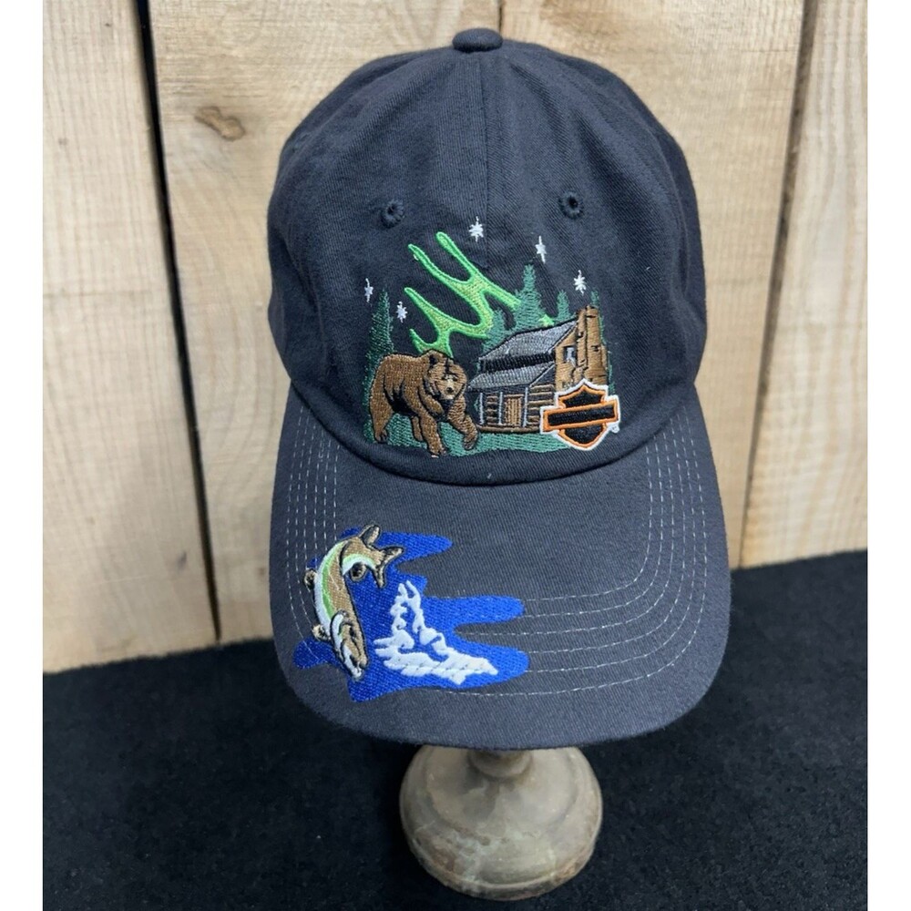 Harley Davidson Hat/Cap Black Northern Lights Bear Fish Cabin Strap Back